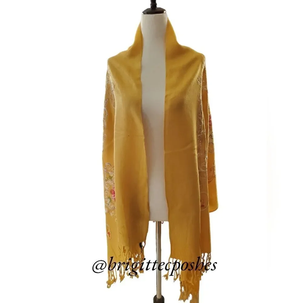HANDMADE Embroidered Sequined Designed Mustard Shawl